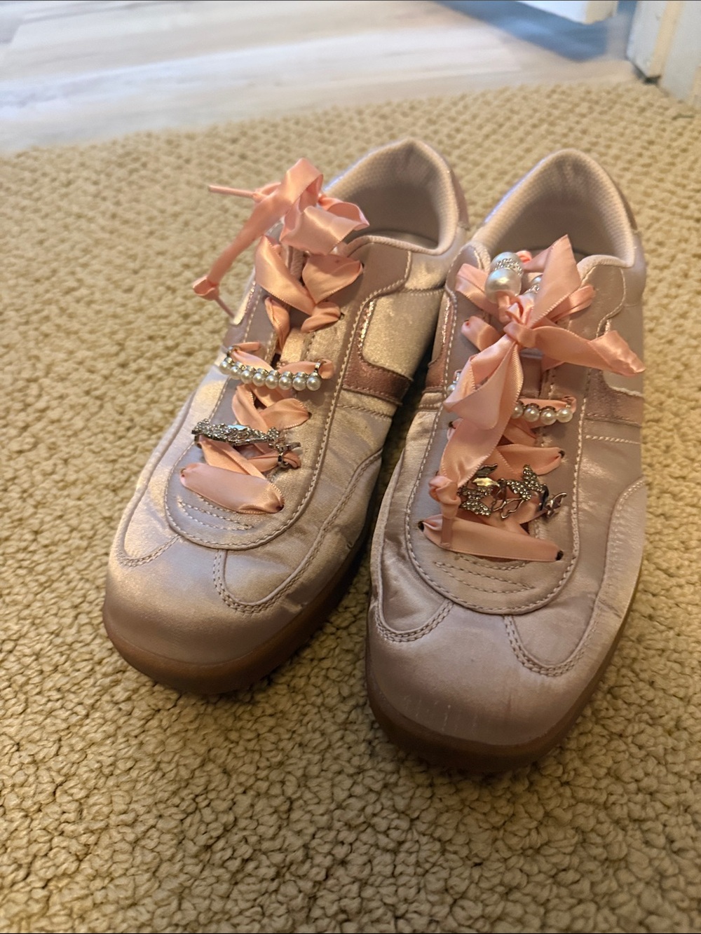 Women’s Pink Satin Ribbon Sneakers with Pearl & Crystal Accents
